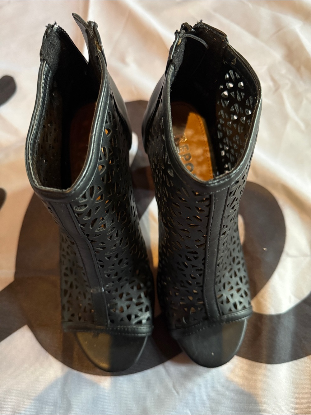 Report Black Laser-Cut Peep-Toe Heeled Ankle Boots